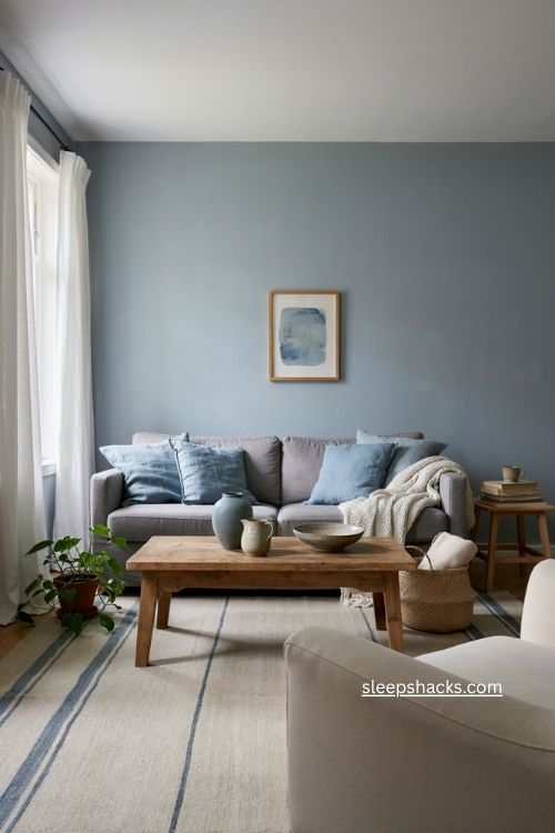 Blue and gray living room decor with coastal style and soft layered accents 