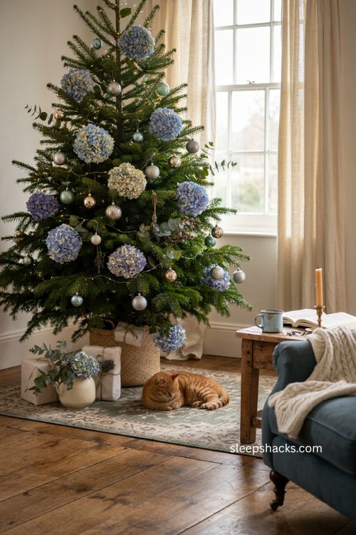 Blue and green Christmas tree with hydrangea flowers and natural botanical accents 