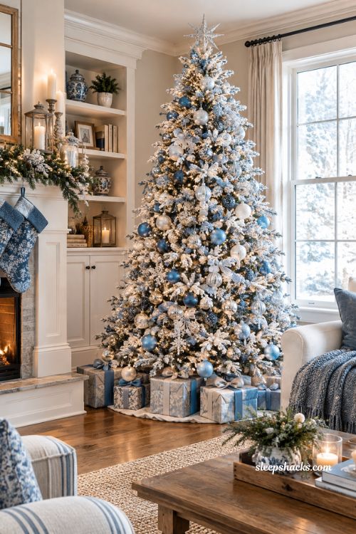 Blue and silver Christmas tree ideas with a flocked white tree 