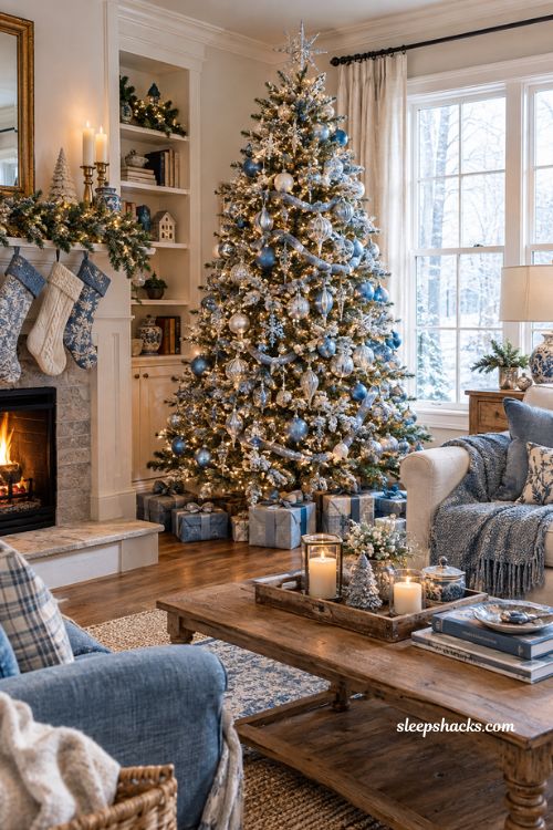 Blue and silver Christmas tree ideas with cozy winter living room decor