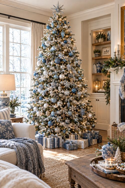 Blue and silver Christmas tree ideas with layered ornament finishes