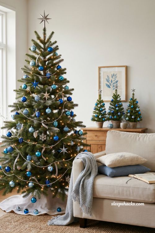 Blue and silver Christmas tree with Hanukkah inspired ornaments
