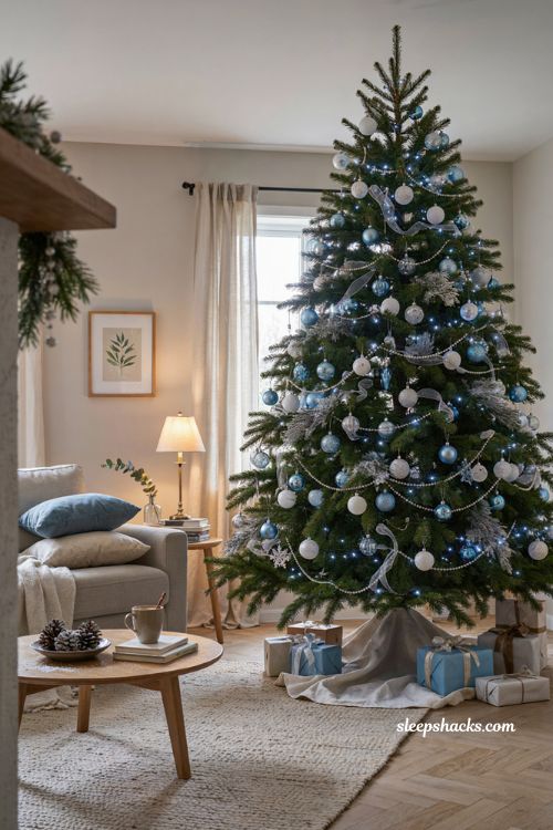 Blue and silver Christmas tree with cool and warm lighting