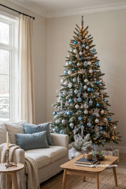 Blue and silver Christmas tree with large bow topper