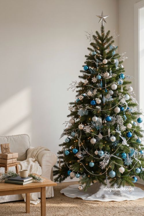 Blue and silver Christmas tree with layered ornaments near the trunk