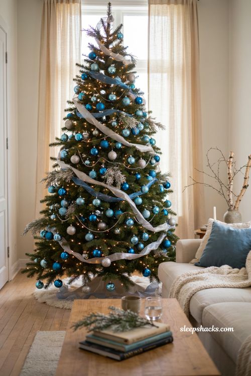 Blue and silver Christmas tree with metallic ribbon
