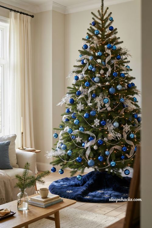 Blue and silver Christmas tree with plush fur tree skirt
