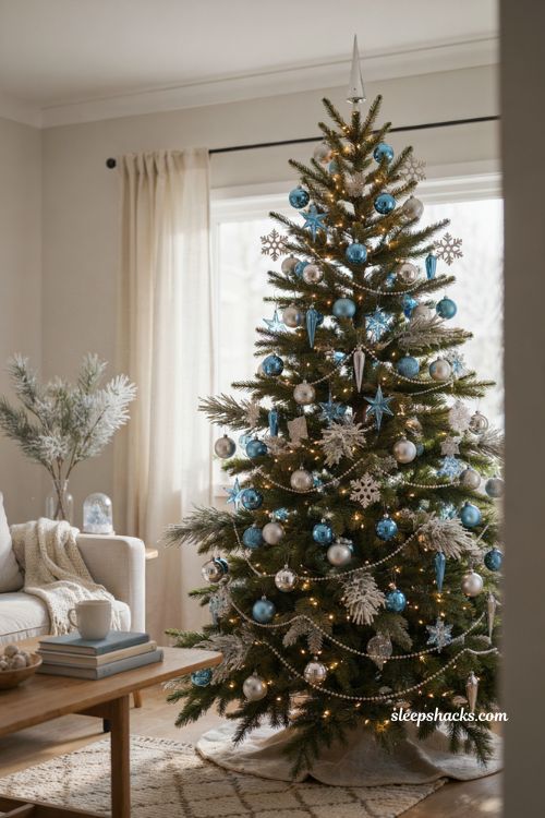 Blue and silver Christmas tree with snowflake star and finial ornaments
