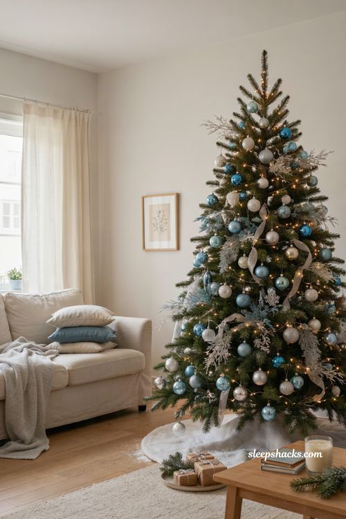 Blue and silver Christmas tree with white and icy gray accents