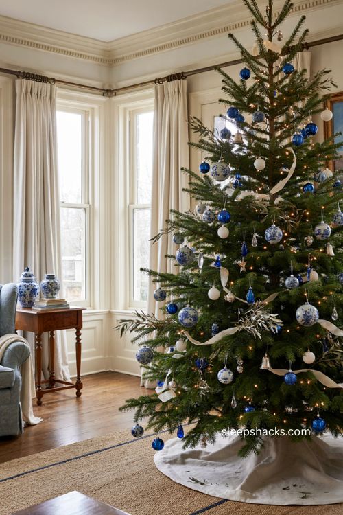 Blue and white Christmas tree with chinoiserie ornaments and classic elegant decor 