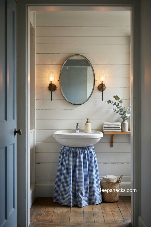 Blue and white checked fabric skirt under pedestal sink in a cozy farmhouse bathroom 