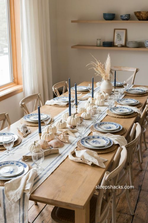 Blue and white coastal Thanksgiving table with seashells and mini pumpkins