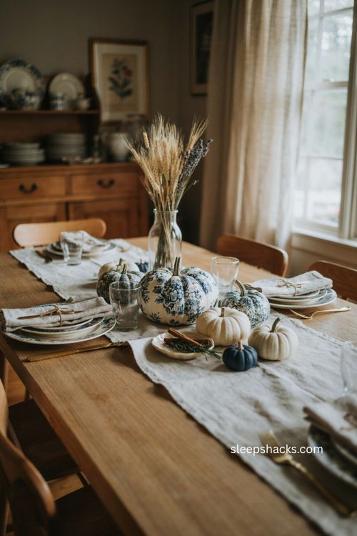 Blue and white decoupage pumpkins with transferware patterns for a vintage halloween table 
