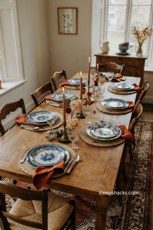 Blue and white porcelain Thanksgiving table with rust accents