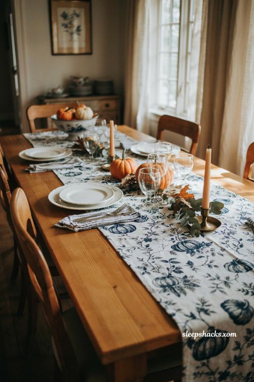 Blue and white pumpkin Thanksgiving table runner with porcelain style pattern
