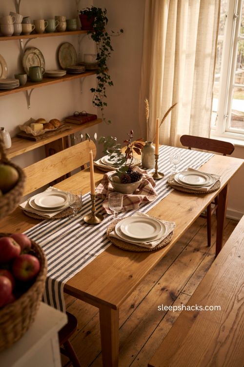 Blue and white striped Thanksgiving table runner with rustic fall decor