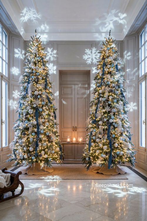 Blue and white twin Christmas trees with snowflake lighting 
