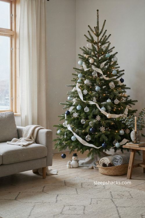 Blue and white winter Christmas tree with icy blue ornaments silver snowflakes and warm lights