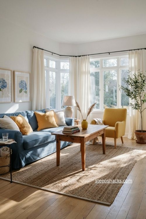 Blue and yellow living room decor with cheerful accents and natural textures 