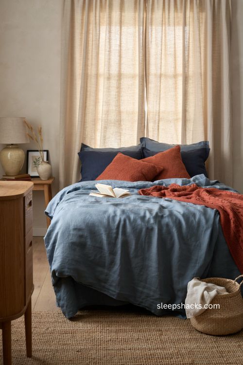 Blue bedding with small rust accents and cozy bedroom decor 