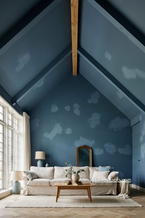 Blue ceiling living room decor with vaulted architecture and neutral furniture 