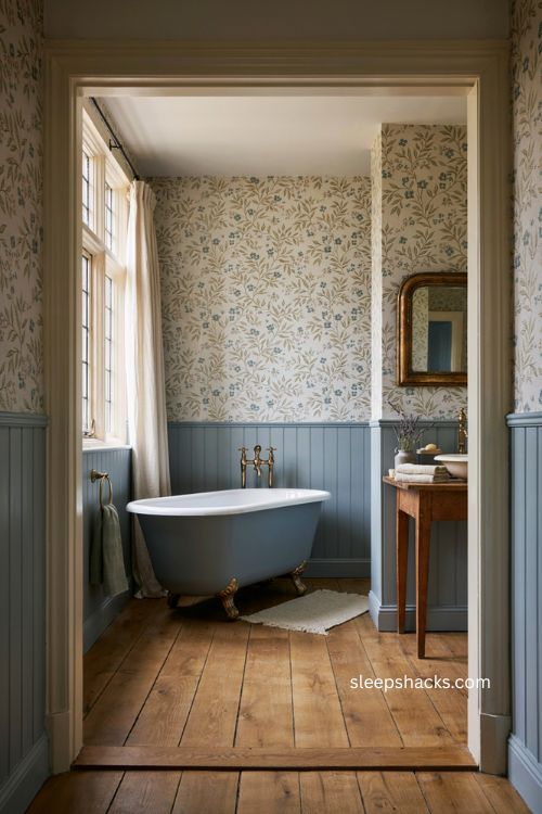 Blue clawfoot tub with matching paneled walls and patterned wallpaper in a vintage bathroom 