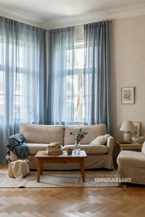 Blue curtain living room decor with airy windows and cozy neutral furniture 