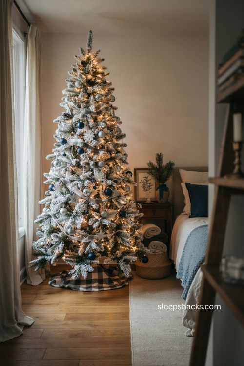 Blue flocked Christmas tree with silver ornaments and buffalo plaid ribbon 