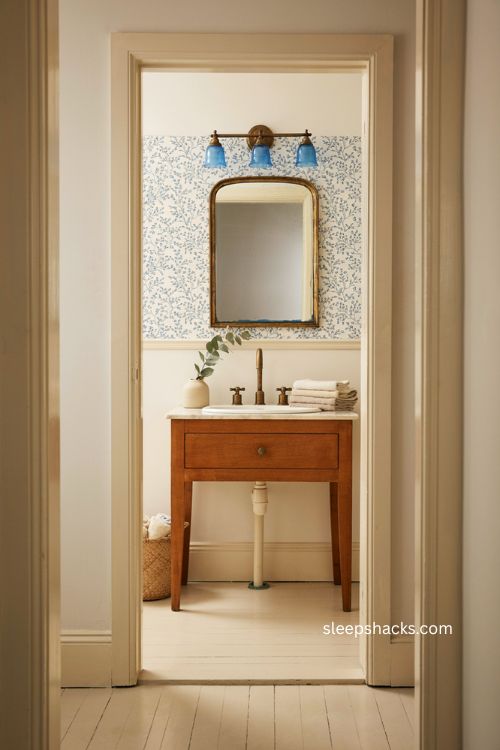 Blue glass vanity light with patterned wallpaper in a soft neutral bathroom 