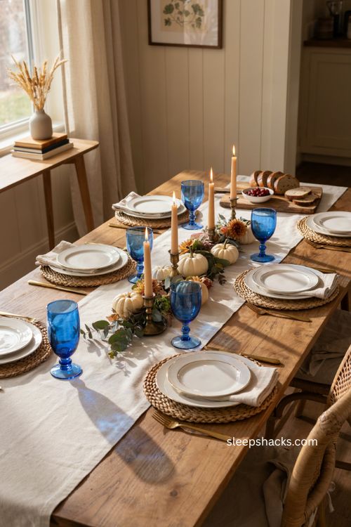 Blue glassware Thanksgiving table with white plates and modern decor