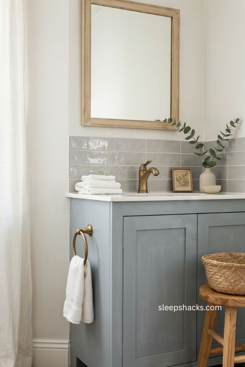 Blue gray painted vanity in a white bathroom with brass faucet and cozy timeless details 