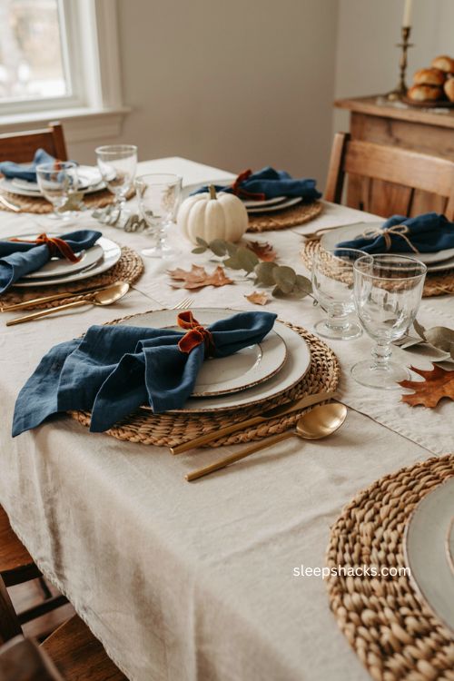 Blue leaf shaped napkins with rust ribbon Thanksgiving table decor