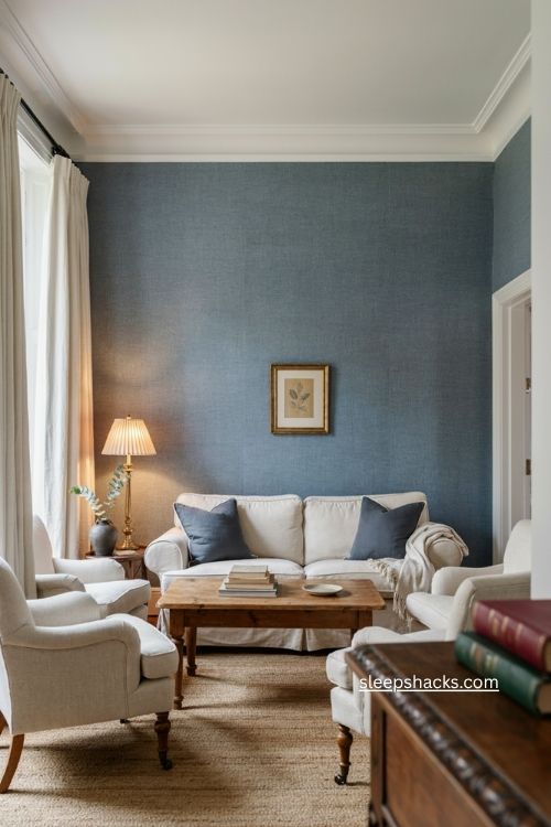 Blue living room decor with grasscloth wallpaper feature wall and white trim