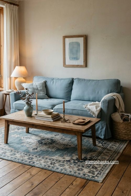 Blue living room decor with soft sky blue and timeless cozy details
