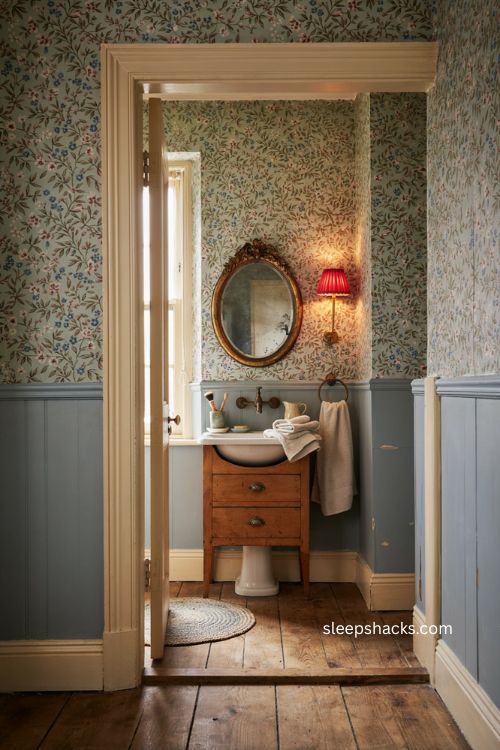 Blue painted walls with floral wallpaper in a cozy English cottage bathroom 