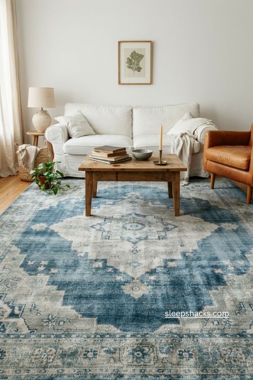 Blue rug living room decor with white sofa and layered coastal textures 