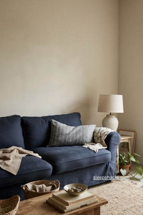 Blue sofa living room decor with cozy neutral walls and timeless style 