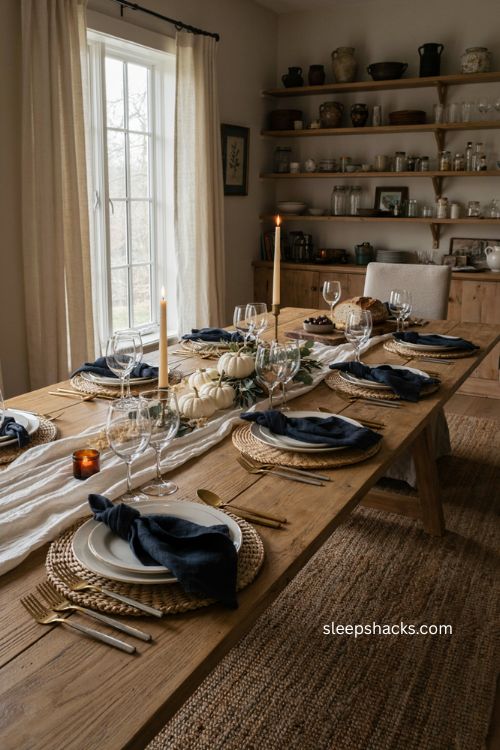 Blue velvet napkins with rattan chargers Thanksgiving table decor