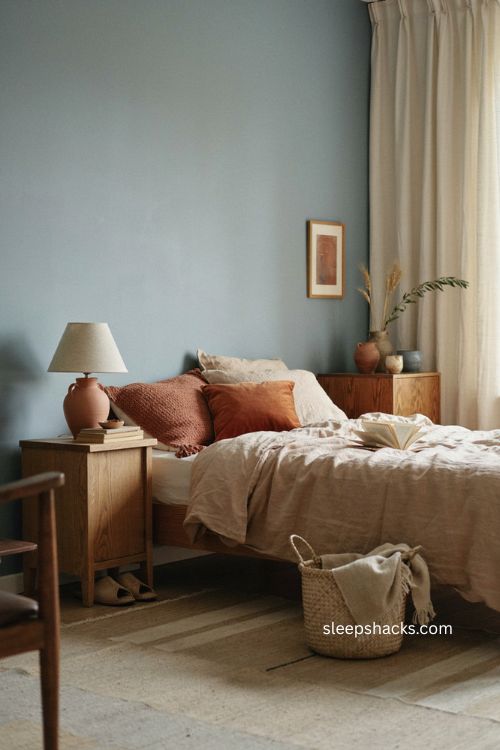 Blue walls with warm terracotta accessories in a cozy bedroom 