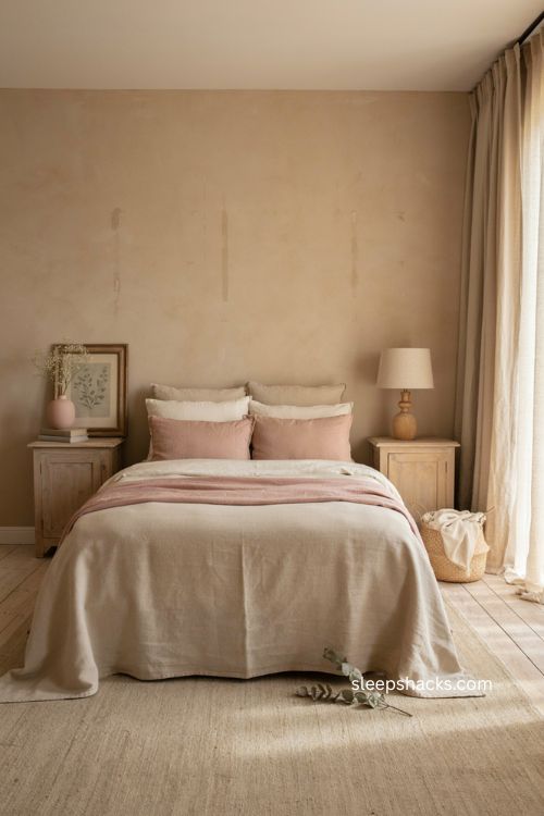 Blush pink and beige bedroom with soft bedding dusty rose accents and cozy textures 