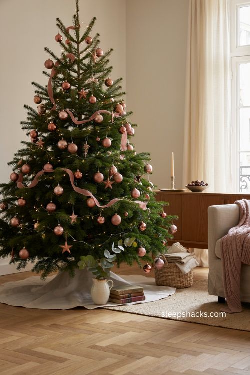 Blush pink and copper Christmas tree with handmade metallic ornaments and warm lights 