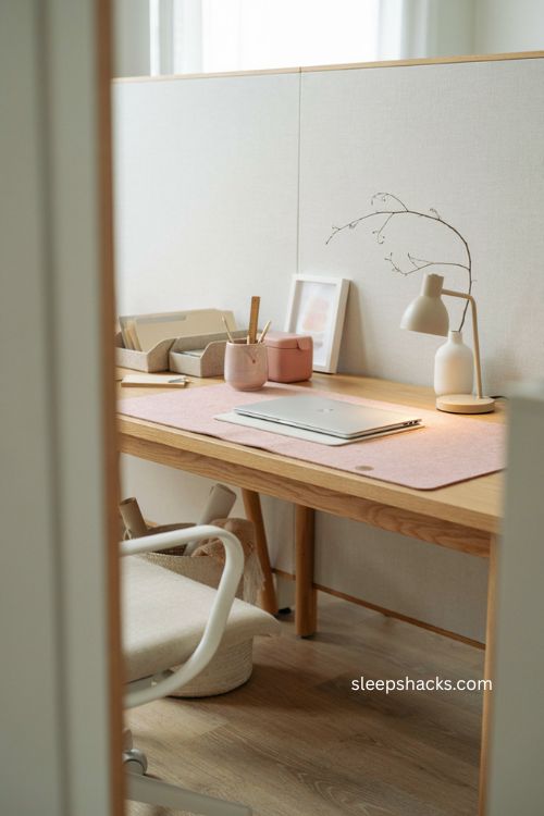 Blush pink and white office desk decor with pink desk pad ceramic pen holder and storage box
