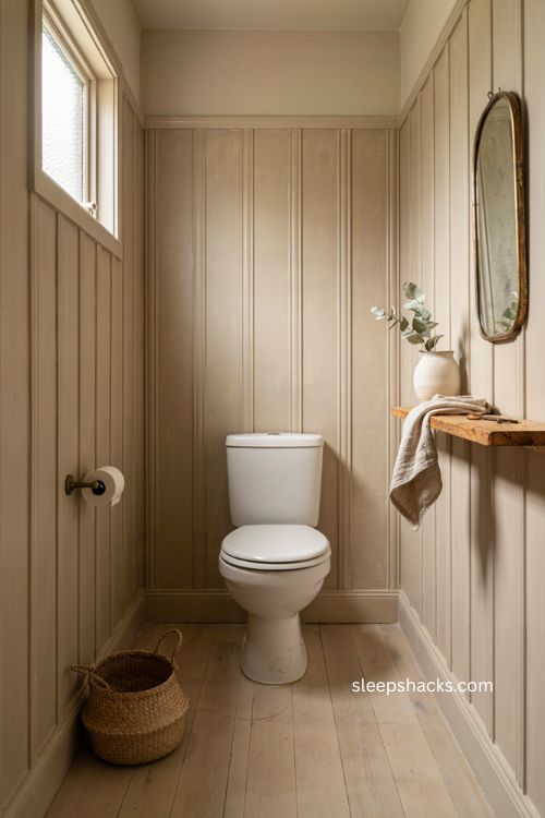 Board and batten water closet with warm greige walls and natural wood details