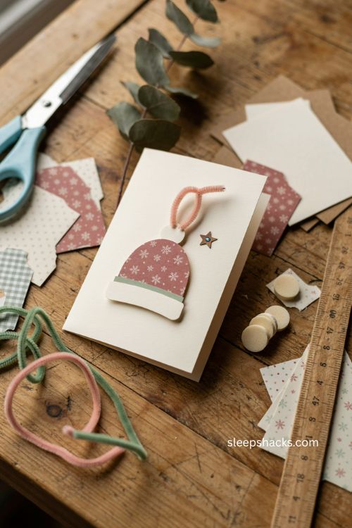 Bobble hat Christmas card with patterned paper raised 3D winter hat and handmade pom pom 