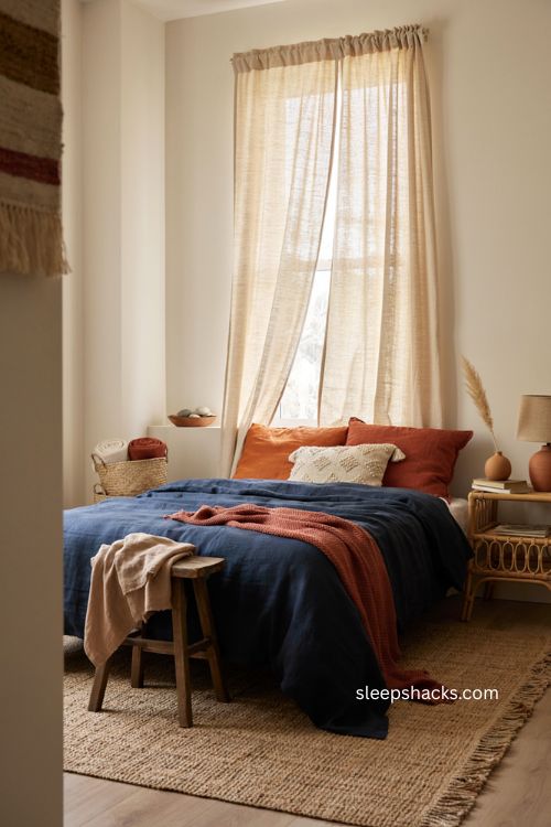 Boho bedroom with navy bedding rust accents and natural textures 