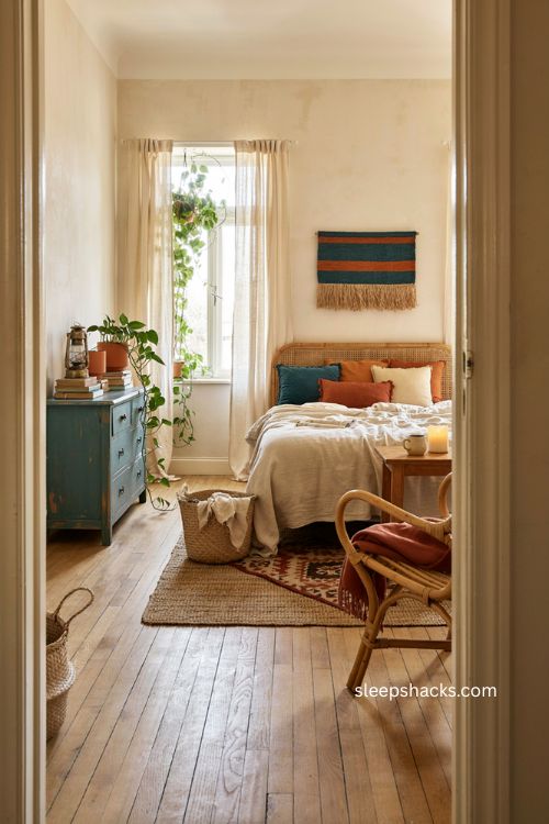 Boho teal and orange bedroom with rattan jute and woven textures