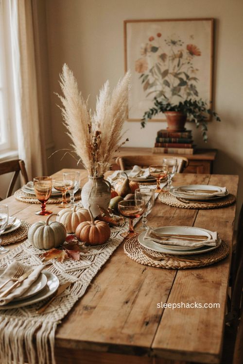 Boho thanksgiving table with asymmetrical pampas pumpkin and dried leaf centerpiece