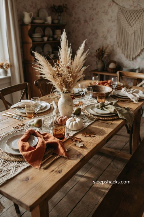 Boho thanksgiving table with earthy linen napkins in rust olive and beige