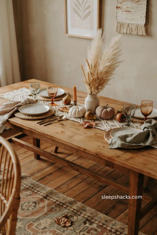 Boho thanksgiving table with earthy neutral beige ivory rust and sage palette