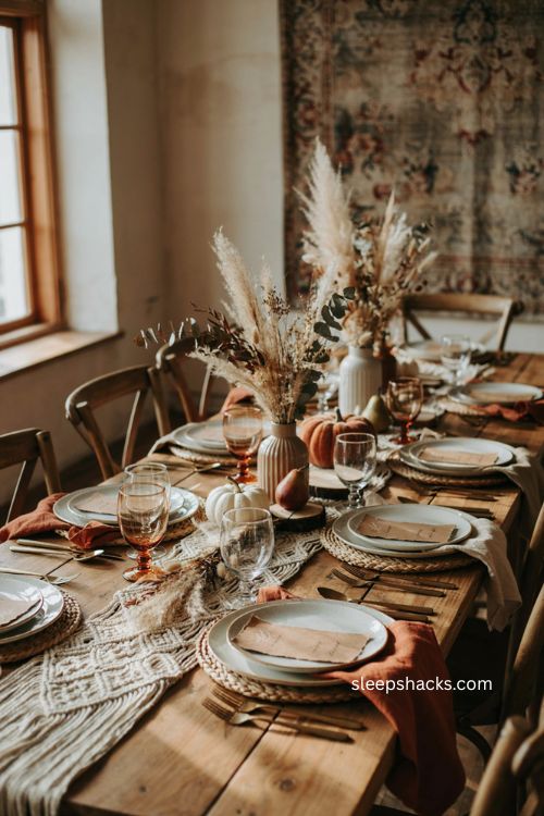 Boho thanksgiving table with handmade kraft place cards and dried grass 
